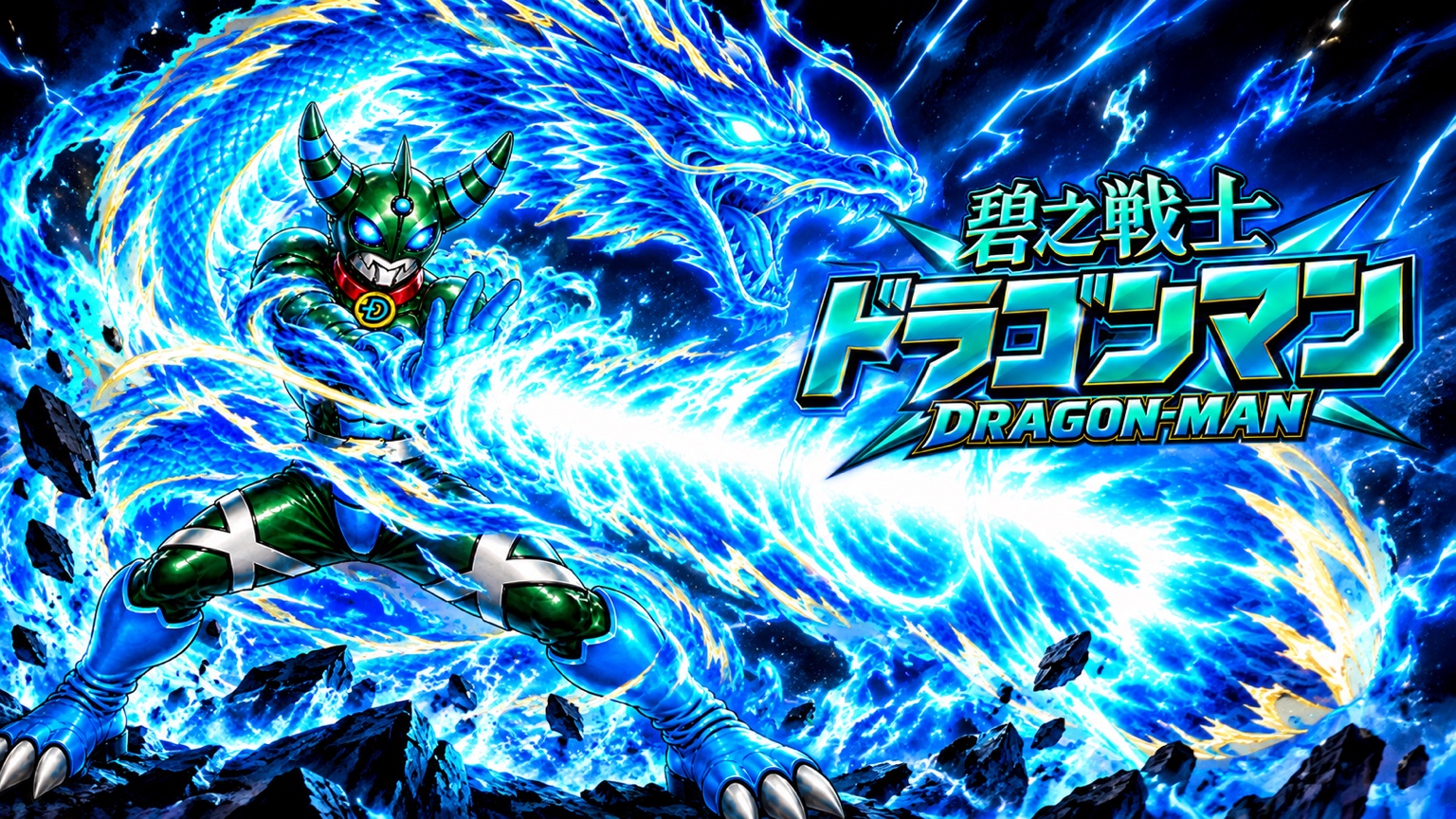 ドラゴンマンZが碧いエネルギーを放つ横長のアクションビジュアル